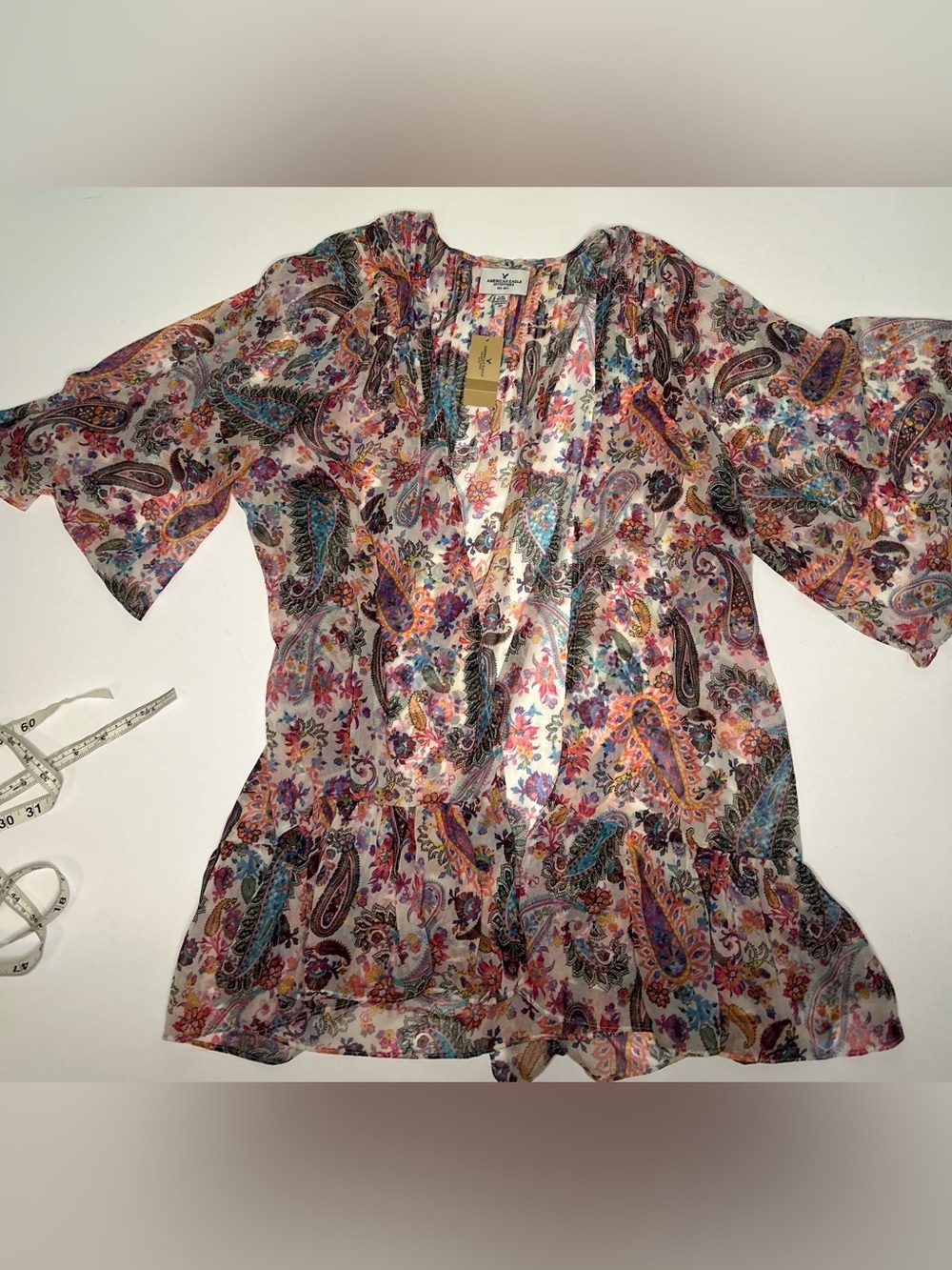 American Eagle Sheer Paisley Floral Ruffle Kimono Cardigan Cover Up L/XL - Picture 5 of 6